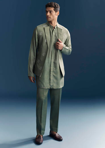 Green Kurta Jacket Set For Men With Hand Embroidery