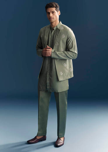 Green Kurta Jacket Set For Men With Hand Embroidery