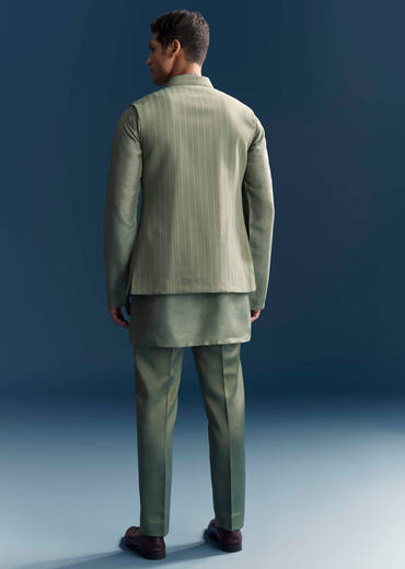 Green Kurta Jacket Set For Men With Hand Embroidery