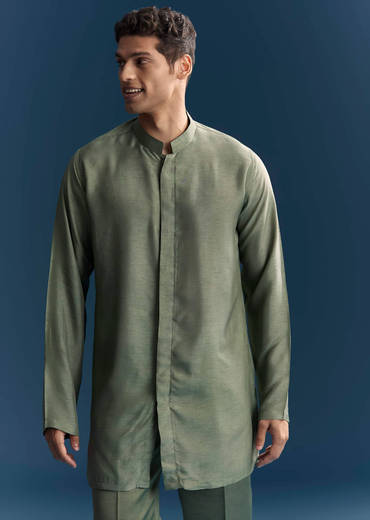 Green Kurta Jacket Set For Men With Hand Embroidery