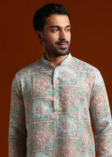 Green Kurta Set For Men With Kantha Work