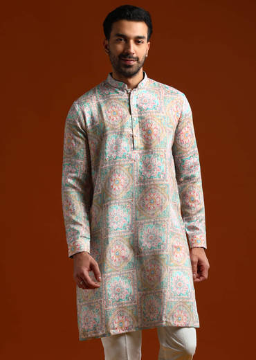 Green Kurta Set For Men With Kantha Work