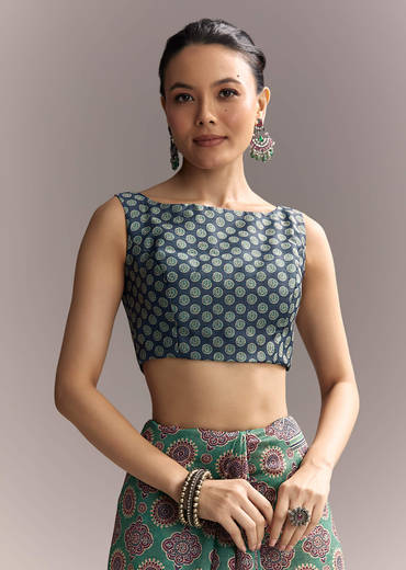 Green Linen Saree With Authentic Ajrakh Print And Indigo Border