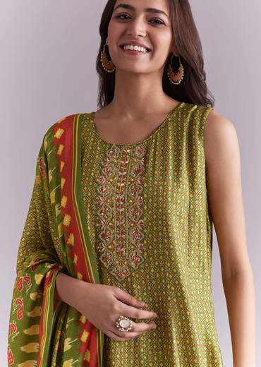 Green Muslin Anarkali Suit With Patola Style Print