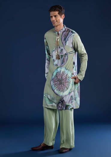 Green Muslin Sequin Work Mens Kurta and Pant Set