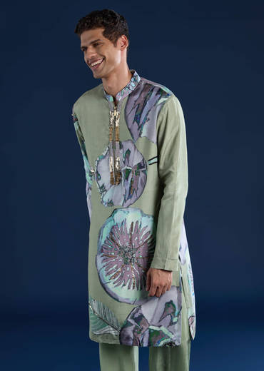 Green Muslin Sequin Work Mens Kurta and Pant Set