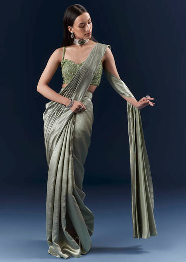 Green Net Ready Pleated Saree With Embroidery