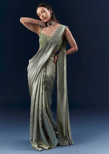 Green Net Ready Pleated Saree With Embroidery