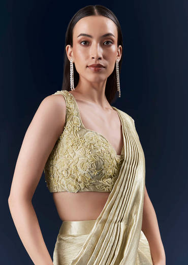 Green Net Ready Pleated Saree With Intricate Embroidery