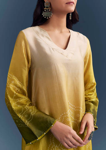 Green Ombre Satin Bandhani Co Ord Set With Moti Work