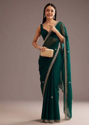 Green Organza Saree With Cutdana And Sequins Border