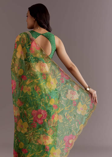Green Organza Saree With Floral Print And Embellished Border