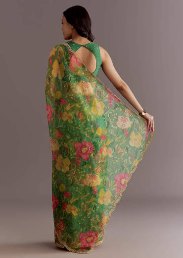 Green Organza Saree With Floral Print And Embellished Border