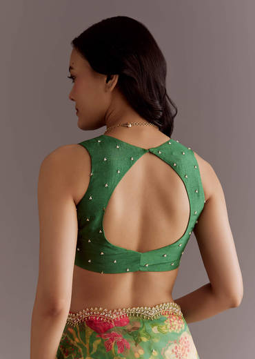 Green Organza Saree With Floral Print And Embellished Border