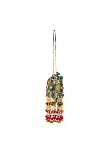 Green Pearl Embellished Pom Pom Tassel Bag