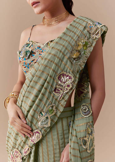 Green Pre Pleated Printed Saree with Gota Blouse