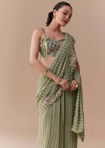 Green Pre Pleated Printed Saree with Gota Blouse