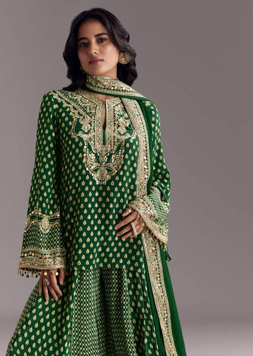 Green Printed Crepe Palazzo Set With Dupatta