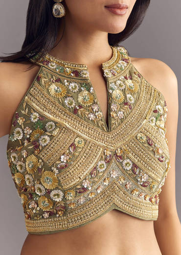 Green Raw Silk Croptop With Zardosi Work Palazzo Suit