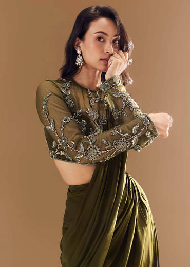 Green Ready Pleated Saree with Cutdana Blouse