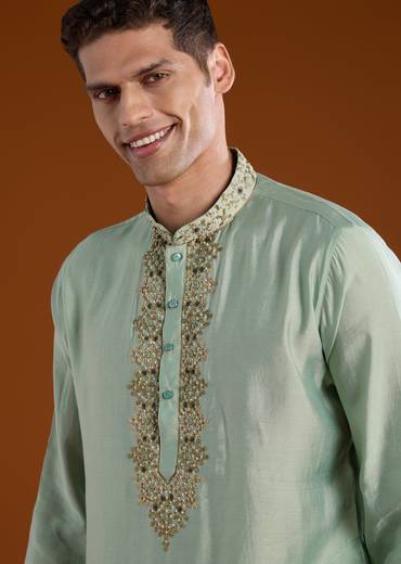 Green Resham Embroidered Mens Kurta Pant Set