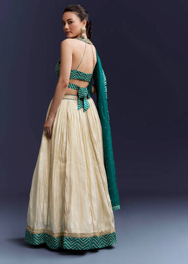 Green Satin Bridesmaid Lehenga With Hand Dyed Chevron Print Choli