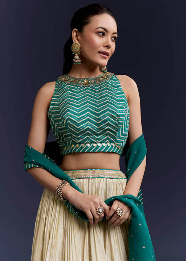 Green Satin Bridesmaid Lehenga With Hand Dyed Chevron Print Choli