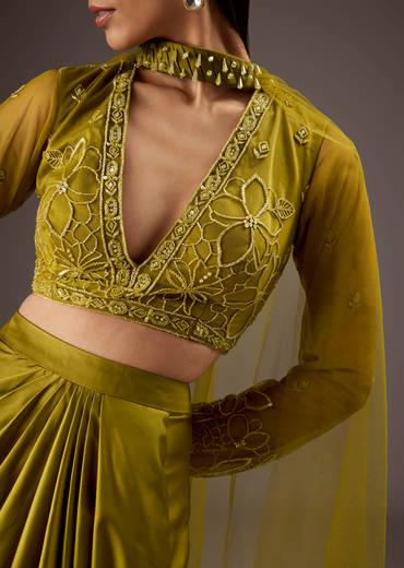 Green Satin Crop Top Skirt With Heavy Embroidery