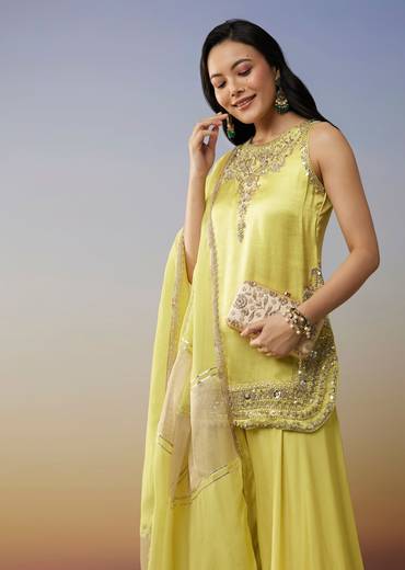 Green Satin Palazzo Suits with Beads Sequins Work