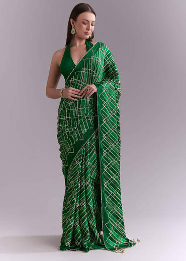 Green Satin Saree With Criss Cross Stripes And Zari Border