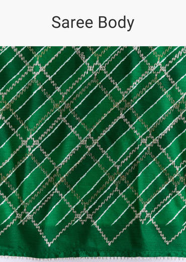Green Satin Saree With Criss Cross Stripes And Zari Border