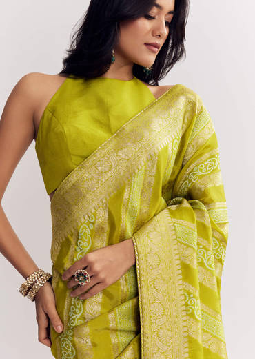 Green Satin Saree With Zari Vine Design