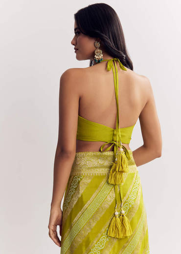 Green Satin Saree With Zari Vine Design