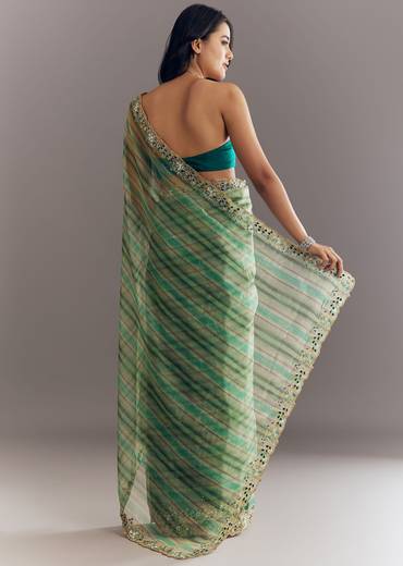 Green Shaded Tissue Saree With Cutdana Sequins And Beads Embroidery And Scallop Border