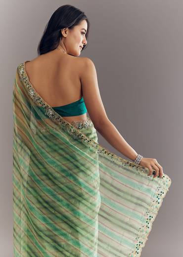 Green Shaded Tissue Saree With Cutdana Sequins And Beads Embroidery And Scallop Border