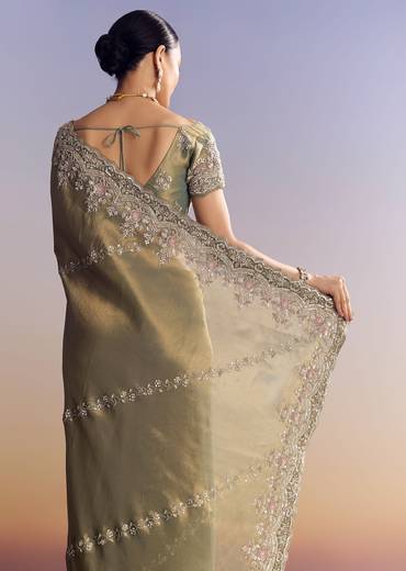Green Shaded Tissue Saree With Embroidered Borders