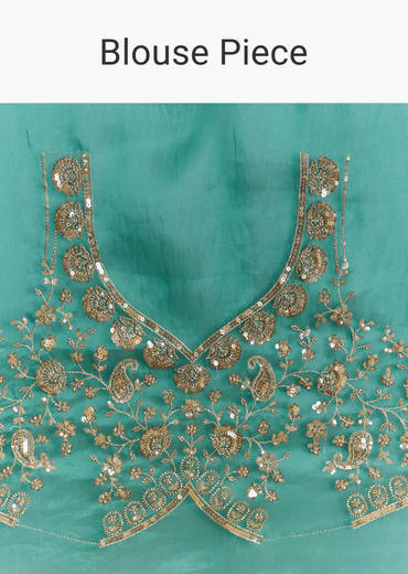 Green Shaded Tissue Saree With Floral Embroidery And Sequins Blouse