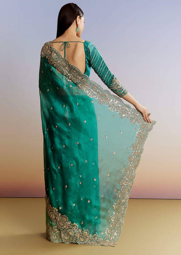Green Shaded Tissue Saree With Floral Embroidery And Sequins Blouse