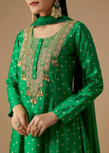 Green Silk Butti Work Anarkali Set