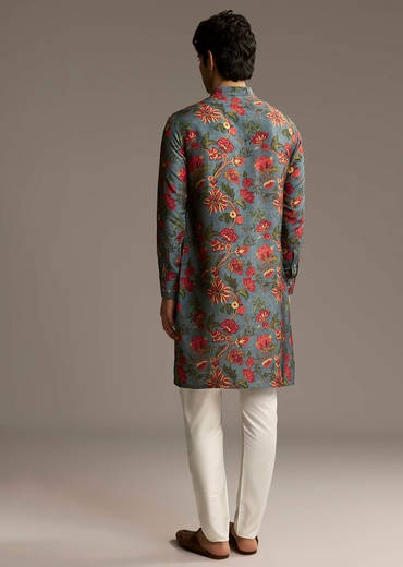 Green Silk Designer Kurta For Men With Floral Print