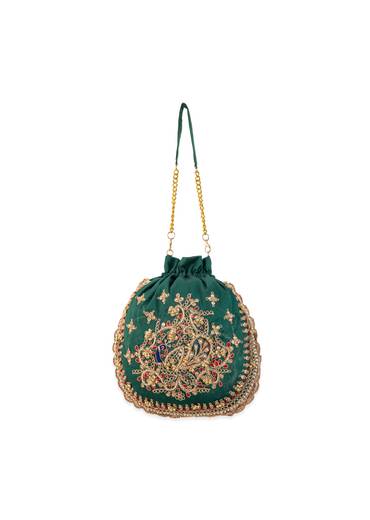 Green Silk Embroidered Potli Bag