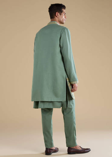 Green Silk Jacket Kurta Set with Resham Work