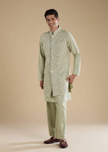 Green Silk Jacket Kurta Set with Thread Work