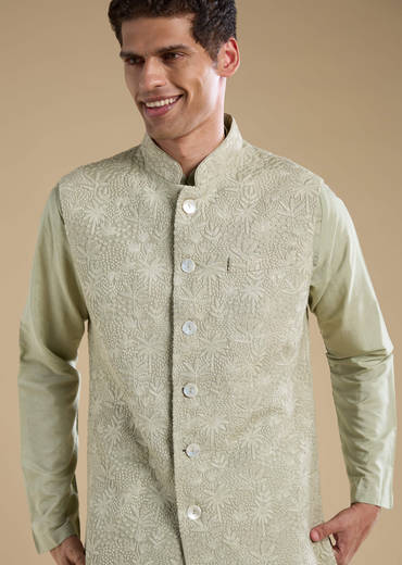 Green Silk Jacket Kurta Set with Thread Work
