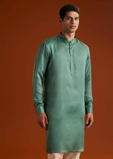 Green Silk Kurta Jacket Set For Men With Geometric Jaal Print