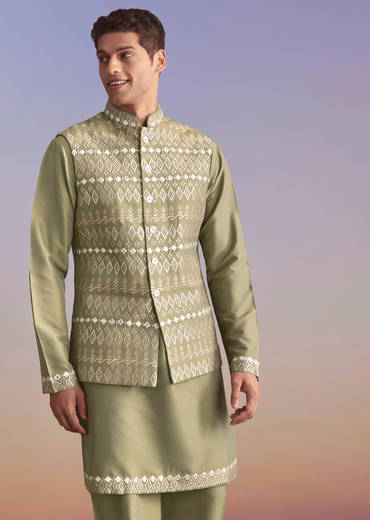 Green Silk Kurta Jacket Set For Men With Intricate Hand Embroidery