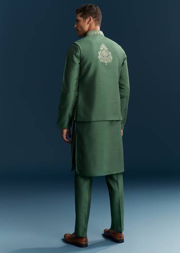 Green Silk Kurta Jacket Set With Thread Detail Work