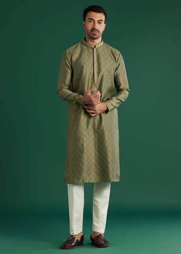 Green Silk Kurta Set For Men With Brocade Work