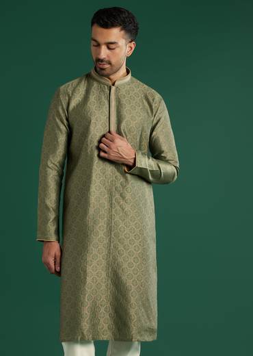 Green Silk Kurta Set For Men With Brocade Work