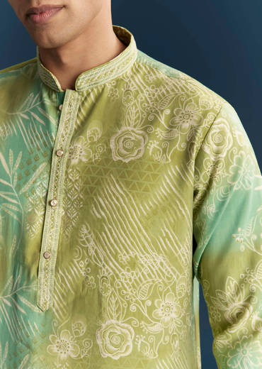 Green Silk Kurta Set For Men With Floral And Abstract Print